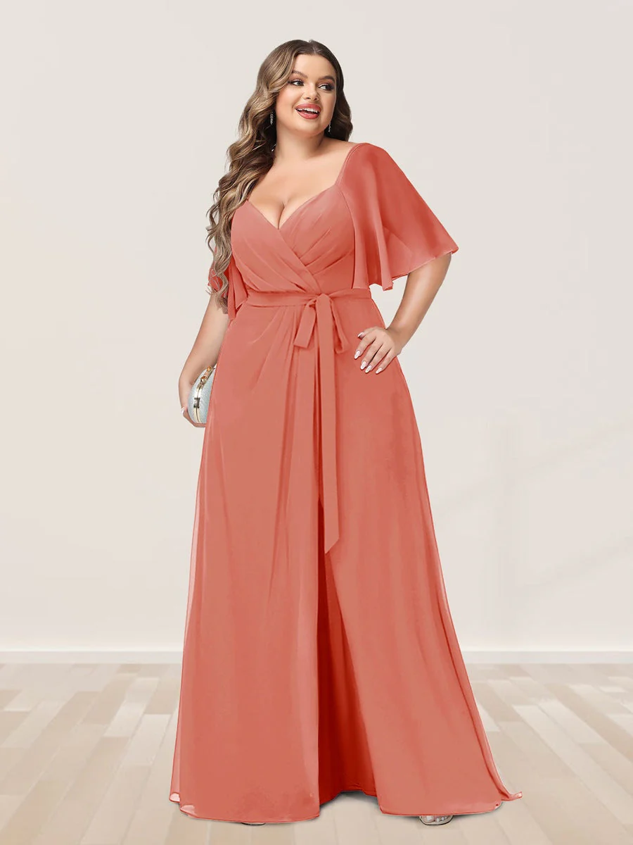 A-Line/Princess V-Neck Half Sleeves Plus Size Bridesmaid Dresses with Split Side - Image 10