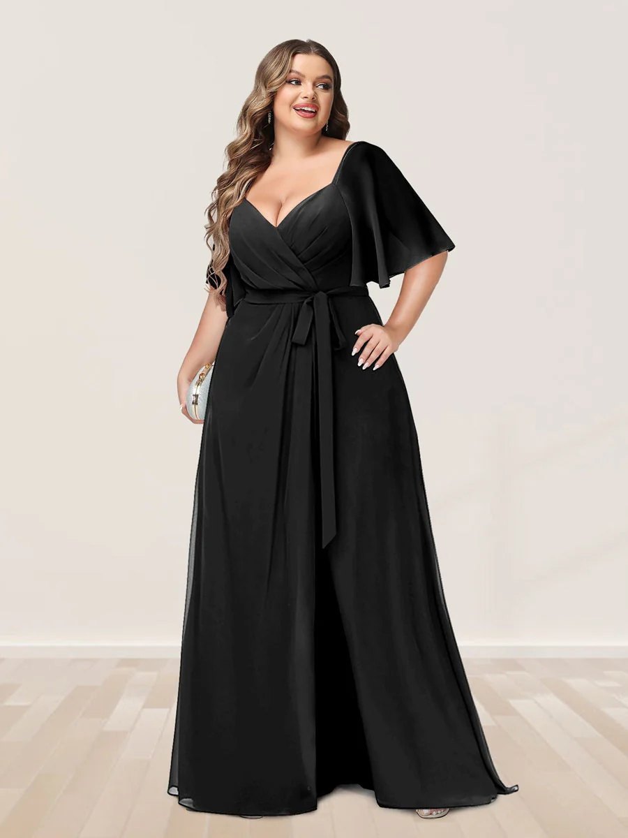 A-Line/Princess V-Neck Half Sleeves Plus Size Bridesmaid Dresses with Split Side - Image 13