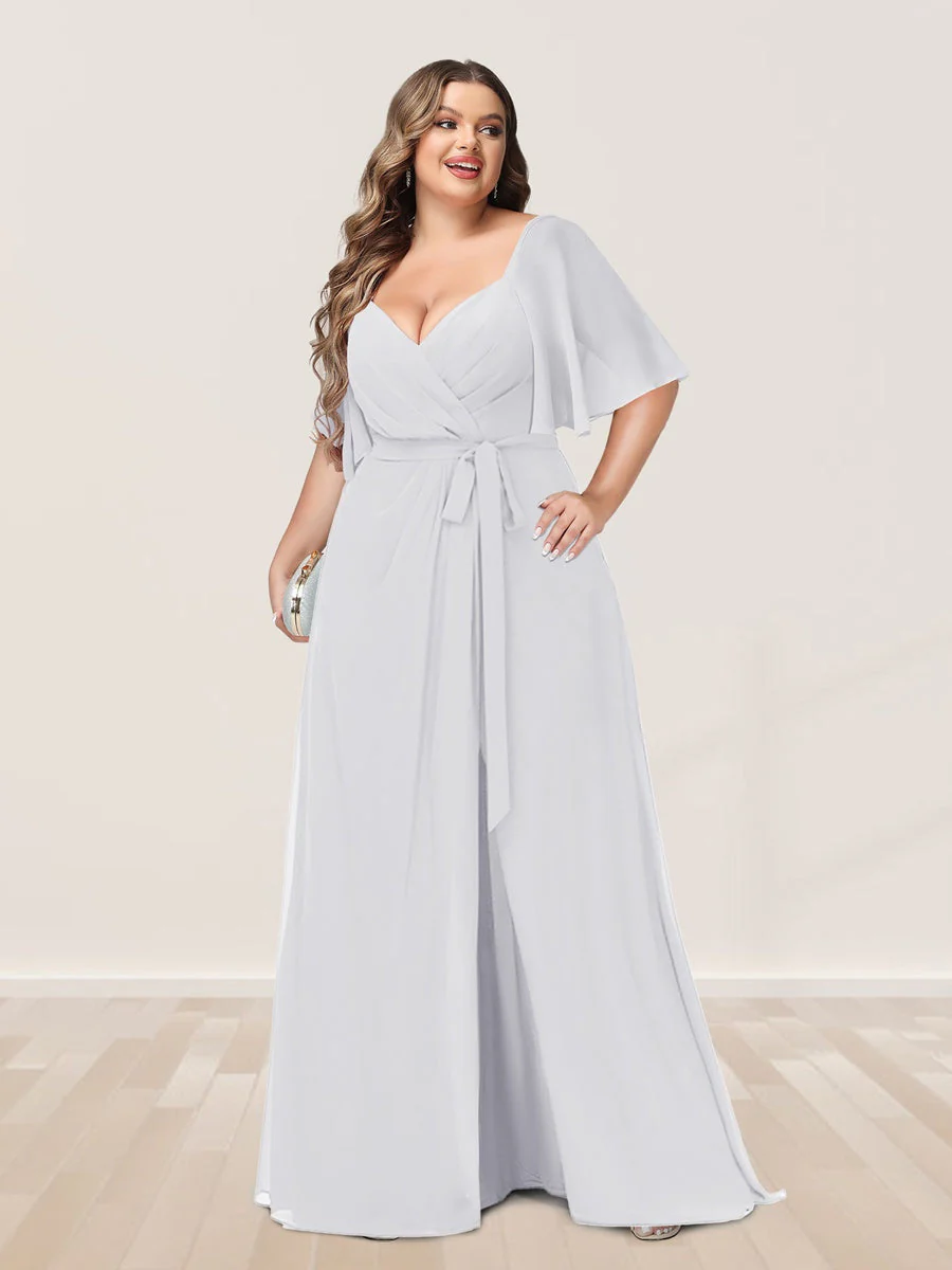A-Line/Princess V-Neck Half Sleeves Plus Size Bridesmaid Dresses with Split Side - Image 14