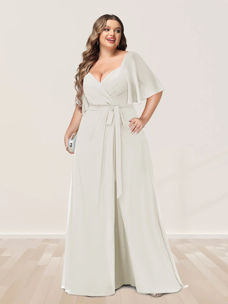 A-Line/Princess V-Neck Half Sleeves Plus Size Bridesmaid Dresses with Split Side - Image 16
