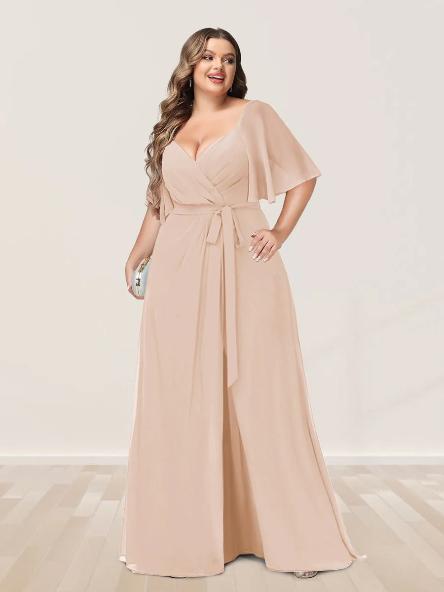 A-Line/Princess V-Neck Half Sleeves Plus Size Bridesmaid Dresses with Split Side - Image 18