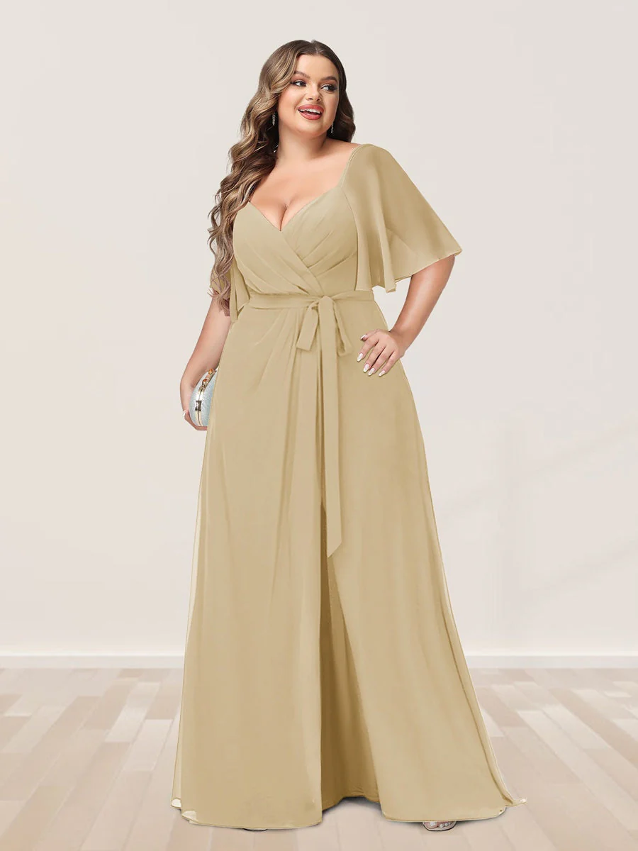 A-Line/Princess V-Neck Half Sleeves Plus Size Bridesmaid Dresses with Split Side - Image 19
