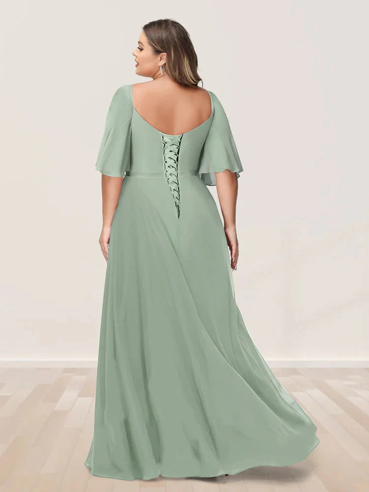 A-Line/Princess V-Neck Half Sleeves Plus Size Bridesmaid Dresses with Split Side - Image 2