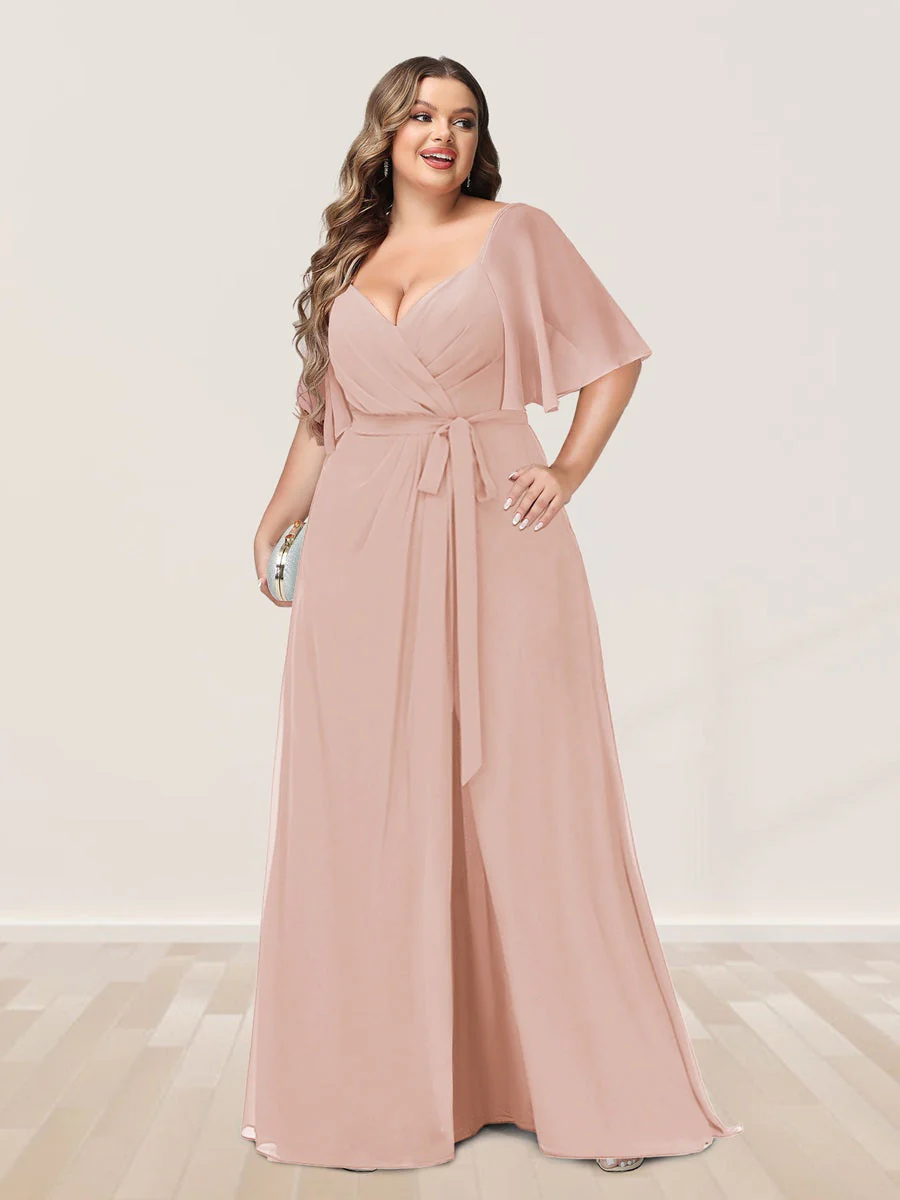A-Line/Princess V-Neck Half Sleeves Plus Size Bridesmaid Dresses with Split Side - Image 23