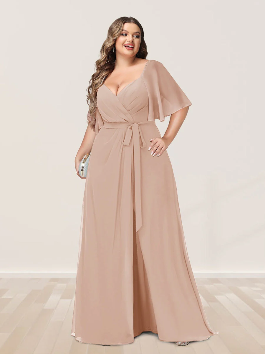 A-Line/Princess V-Neck Half Sleeves Plus Size Bridesmaid Dresses with Split Side - Image 24