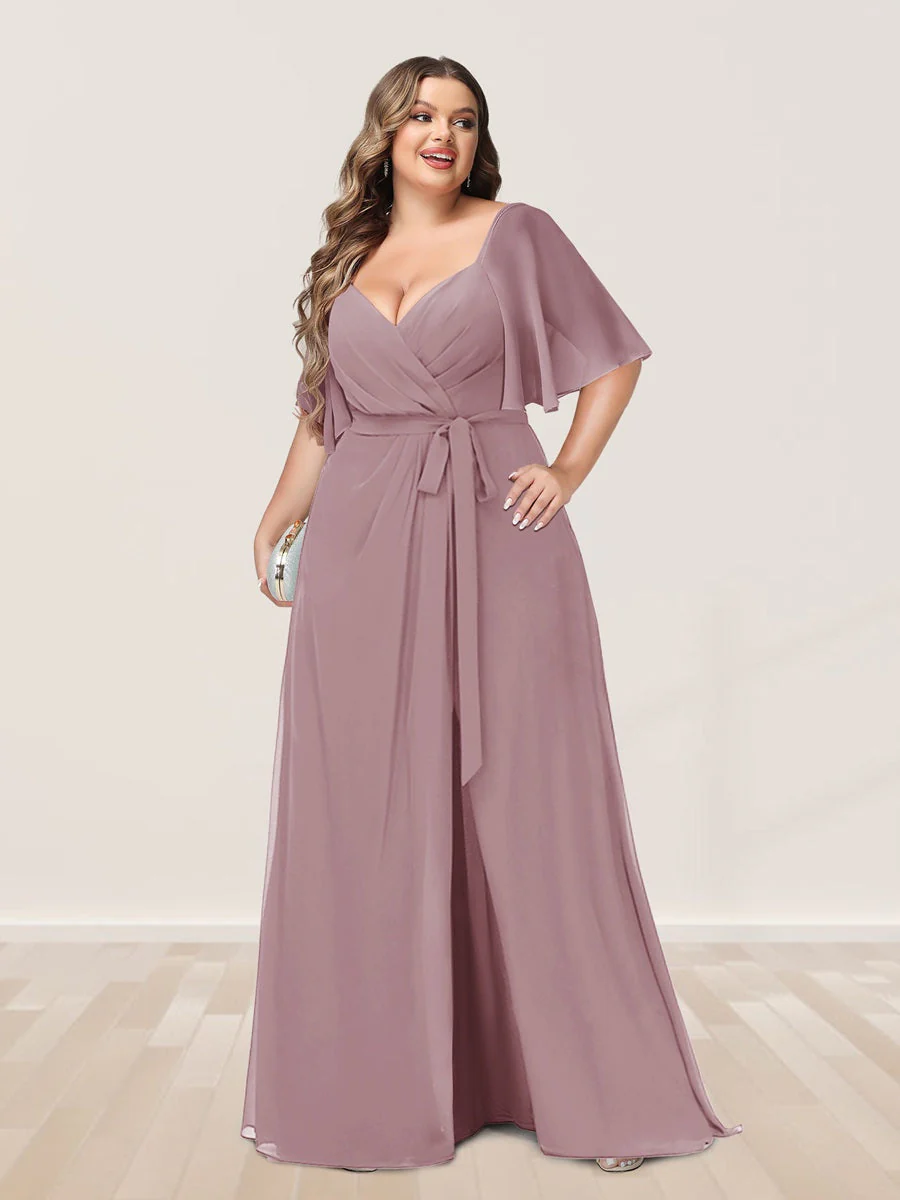 A-Line/Princess V-Neck Half Sleeves Plus Size Bridesmaid Dresses with Split Side - Image 25
