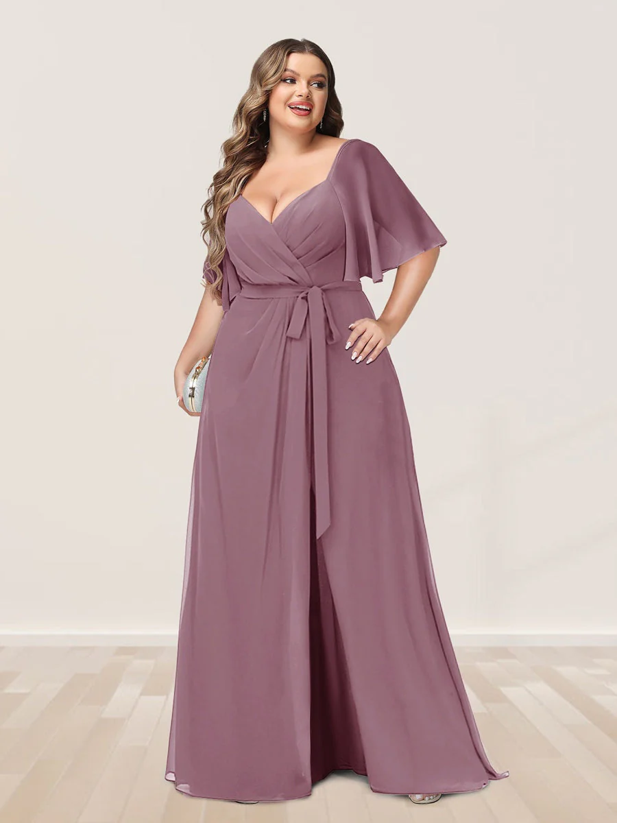 A-Line/Princess V-Neck Half Sleeves Plus Size Bridesmaid Dresses with Split Side - Image 26