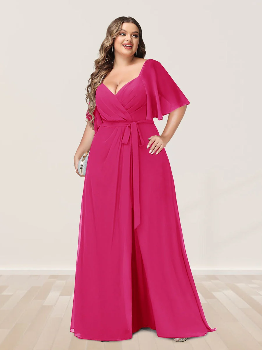 A-Line/Princess V-Neck Half Sleeves Plus Size Bridesmaid Dresses with Split Side - Image 28