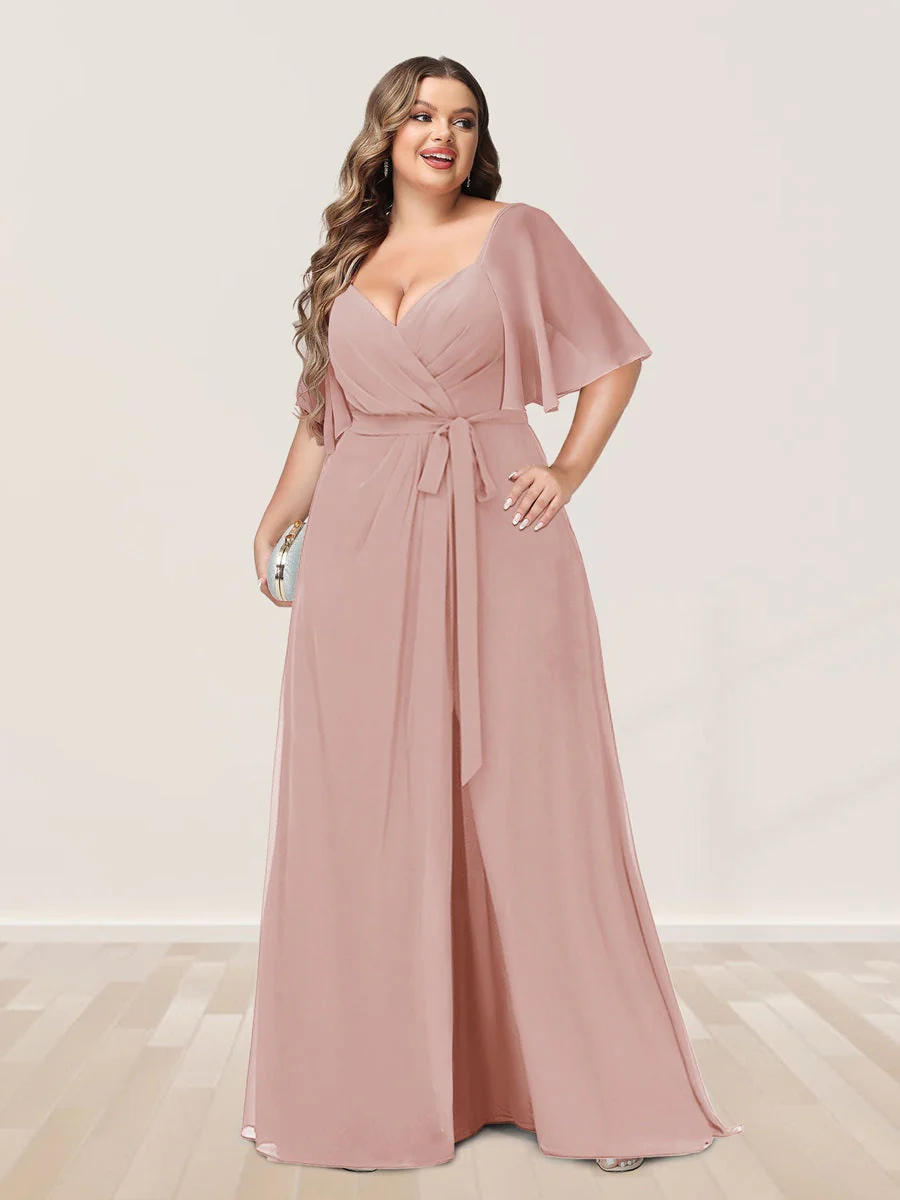 A-Line/Princess V-Neck Half Sleeves Plus Size Bridesmaid Dresses with Split Side - Image 3