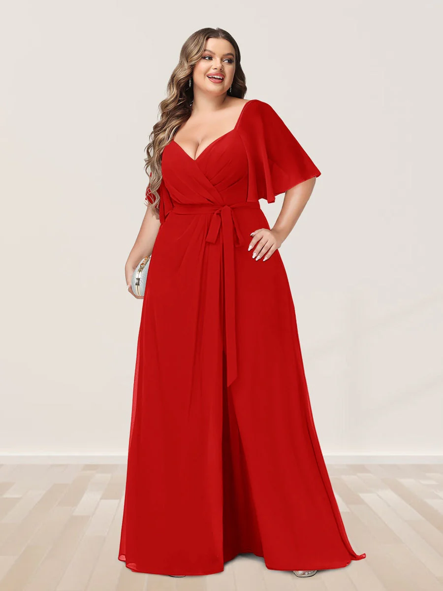 A-Line/Princess V-Neck Half Sleeves Plus Size Bridesmaid Dresses with Split Side - Image 31