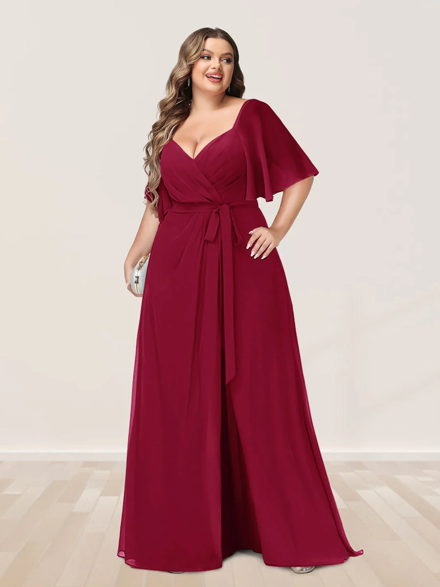 A-Line/Princess V-Neck Half Sleeves Plus Size Bridesmaid Dresses with Split Side - Image 32
