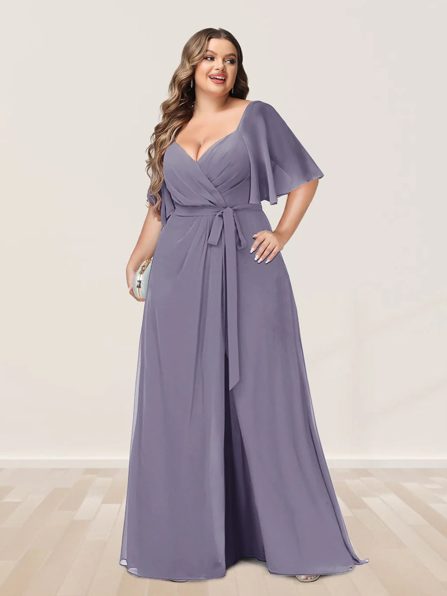 A-Line/Princess V-Neck Half Sleeves Plus Size Bridesmaid Dresses with Split Side - Image 34