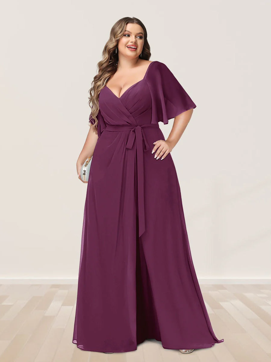 A-Line/Princess V-Neck Half Sleeves Plus Size Bridesmaid Dresses with Split Side - Image 39