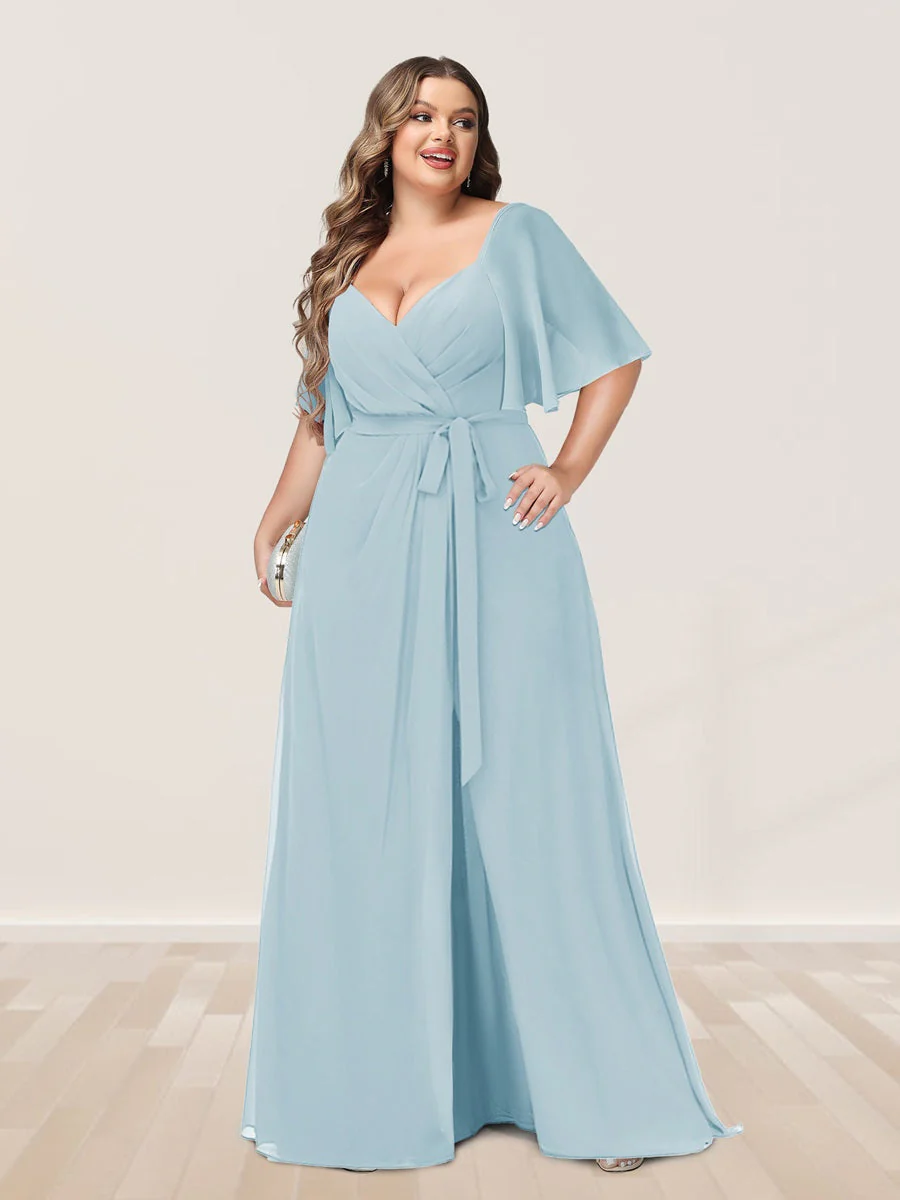 A-Line/Princess V-Neck Half Sleeves Plus Size Bridesmaid Dresses with Split Side - Image 42