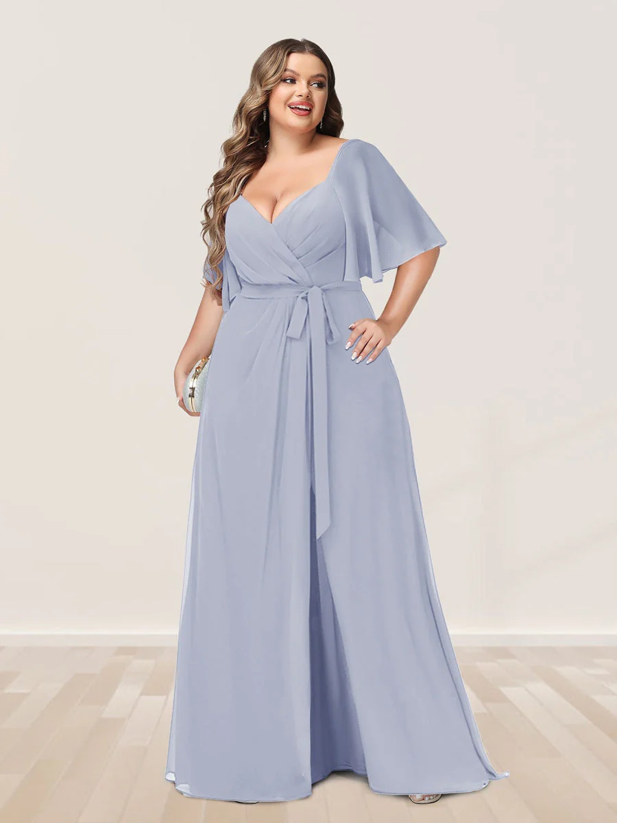 A-Line/Princess V-Neck Half Sleeves Plus Size Bridesmaid Dresses with Split Side - Image 43