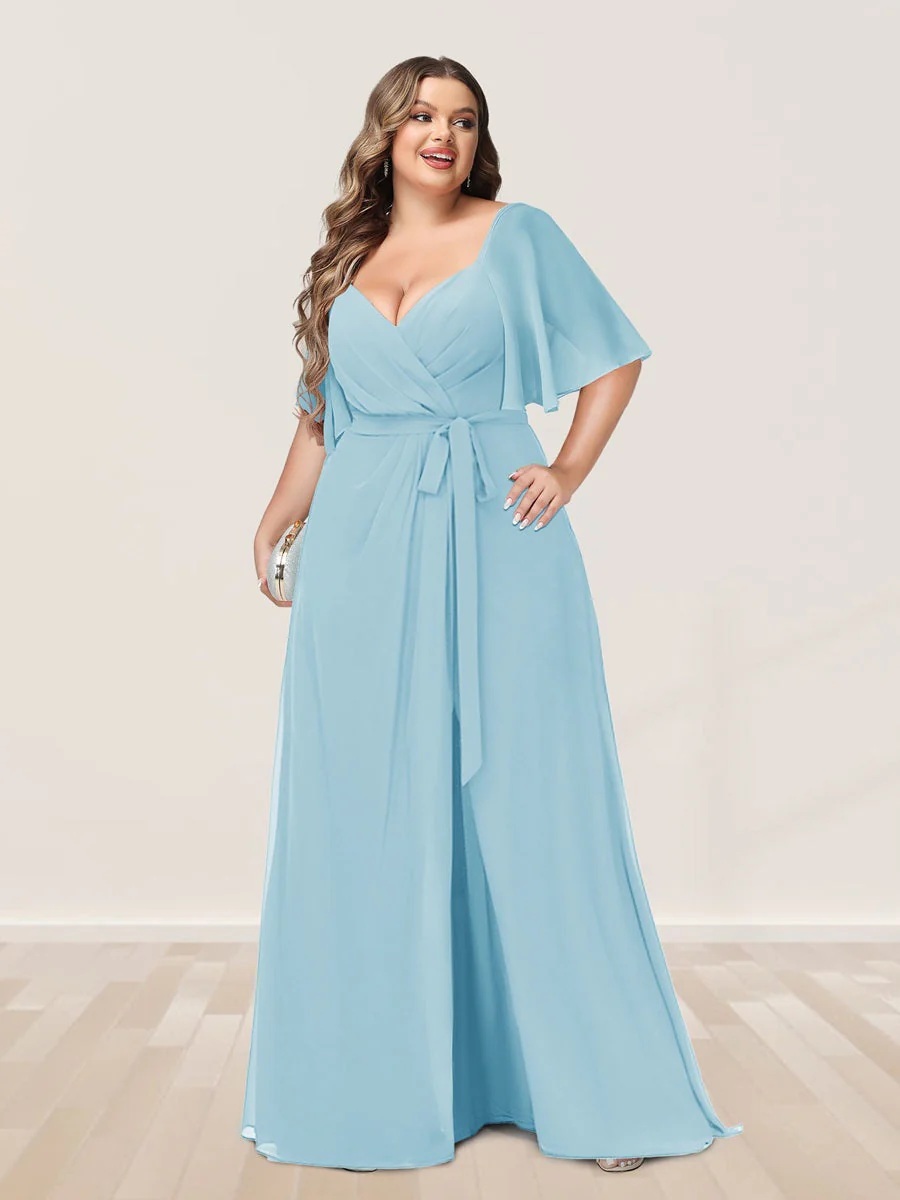 A-Line/Princess V-Neck Half Sleeves Plus Size Bridesmaid Dresses with Split Side - Image 44