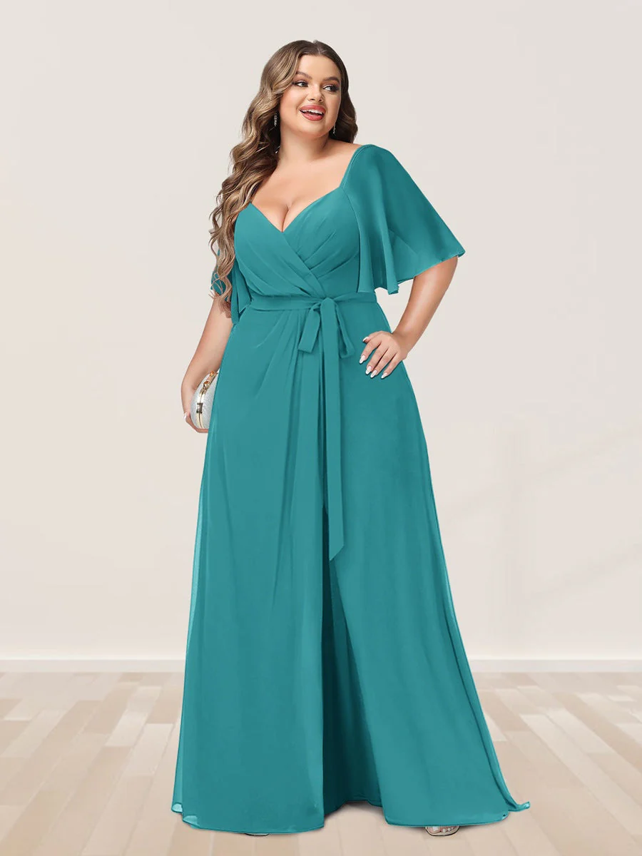A-Line/Princess V-Neck Half Sleeves Plus Size Bridesmaid Dresses with Split Side - Image 47