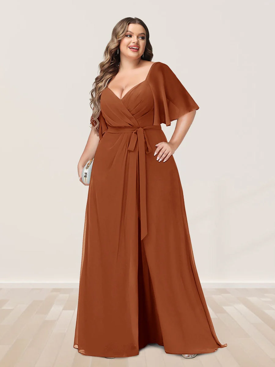 A-Line/Princess V-Neck Half Sleeves Plus Size Bridesmaid Dresses with Split Side - Image 5