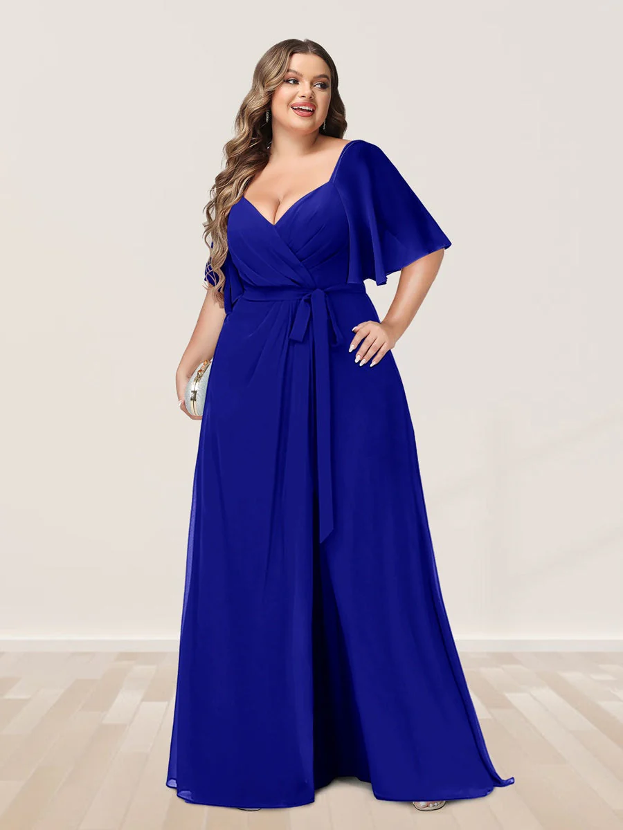 A-Line/Princess V-Neck Half Sleeves Plus Size Bridesmaid Dresses with Split Side - Image 50