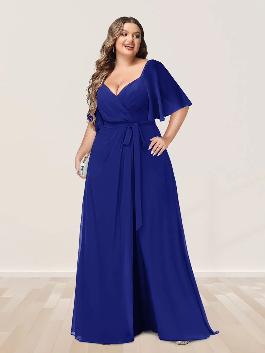 A-Line/Princess V-Neck Half Sleeves Plus Size Bridesmaid Dresses with Split Side - Image 51