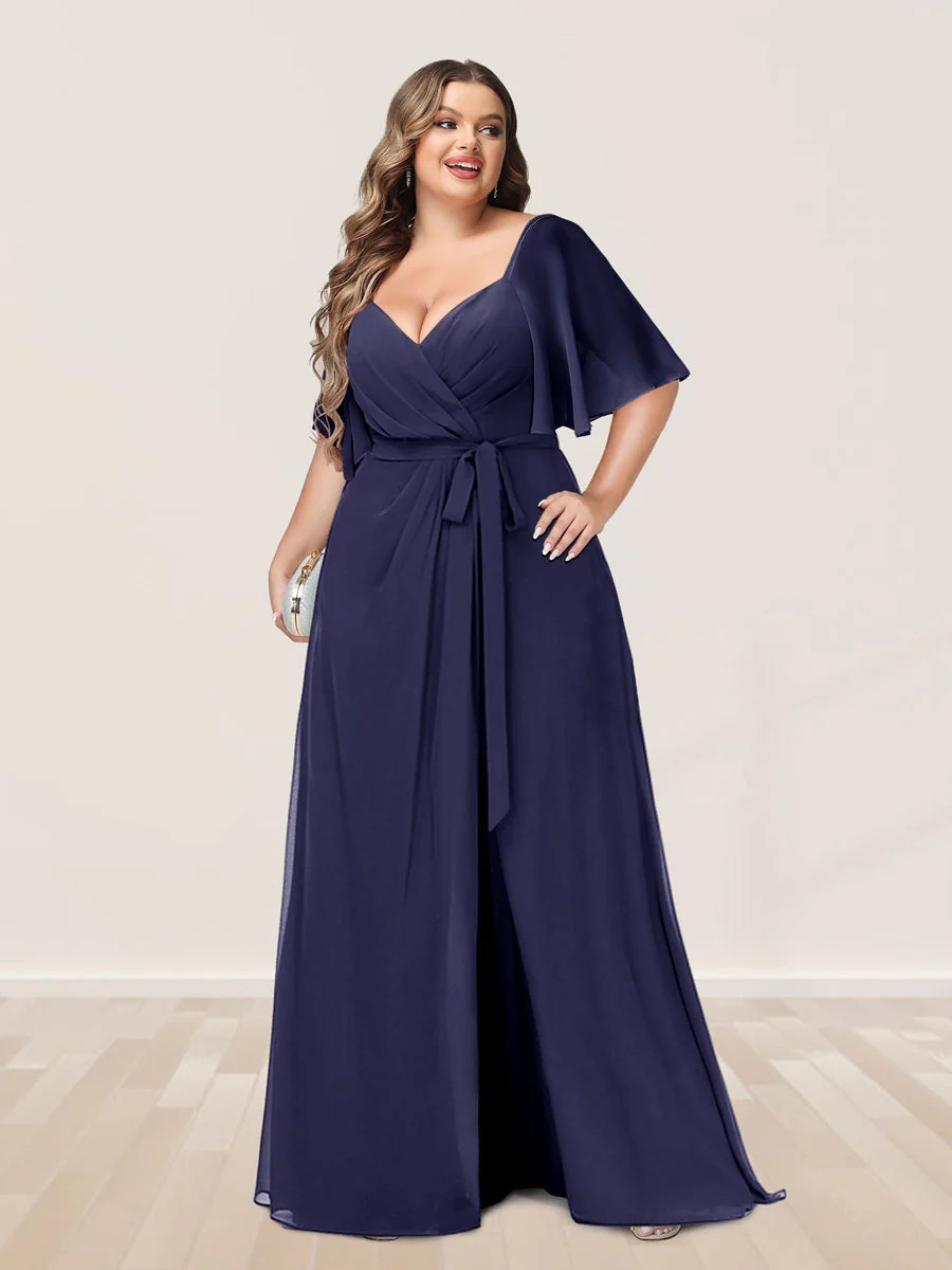 A-Line/Princess V-Neck Half Sleeves Plus Size Bridesmaid Dresses with Split Side - Image 52