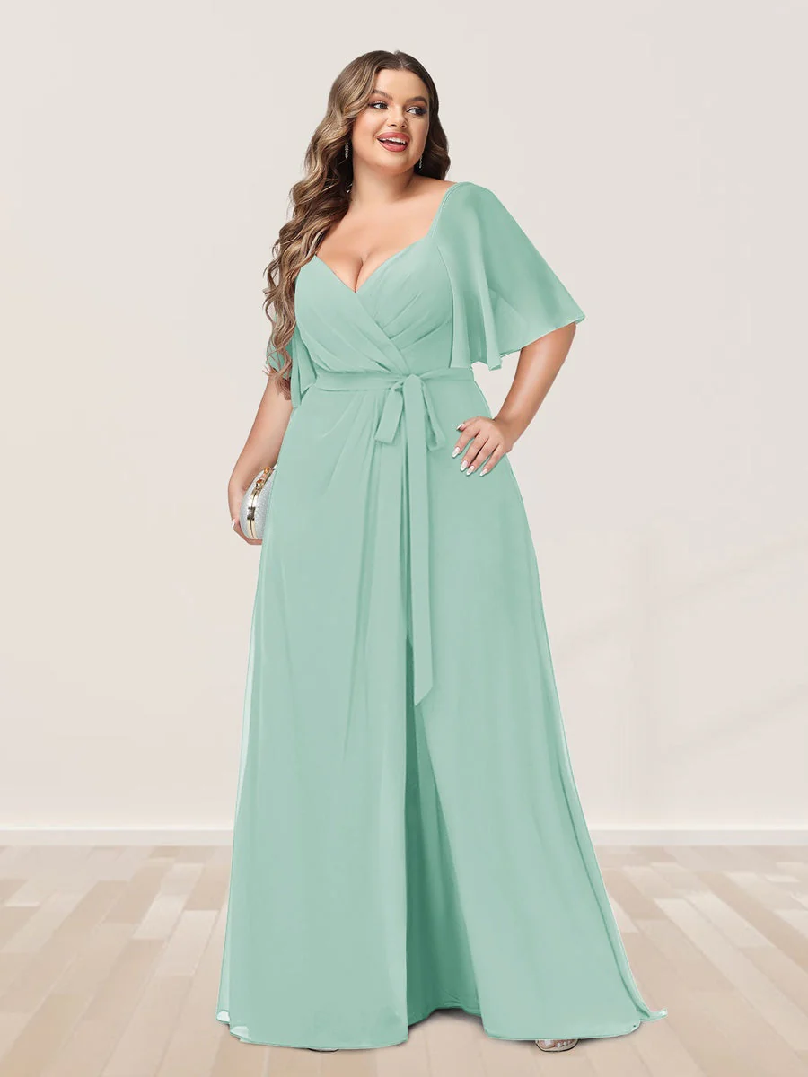 A-Line/Princess V-Neck Half Sleeves Plus Size Bridesmaid Dresses with Split Side - Image 56