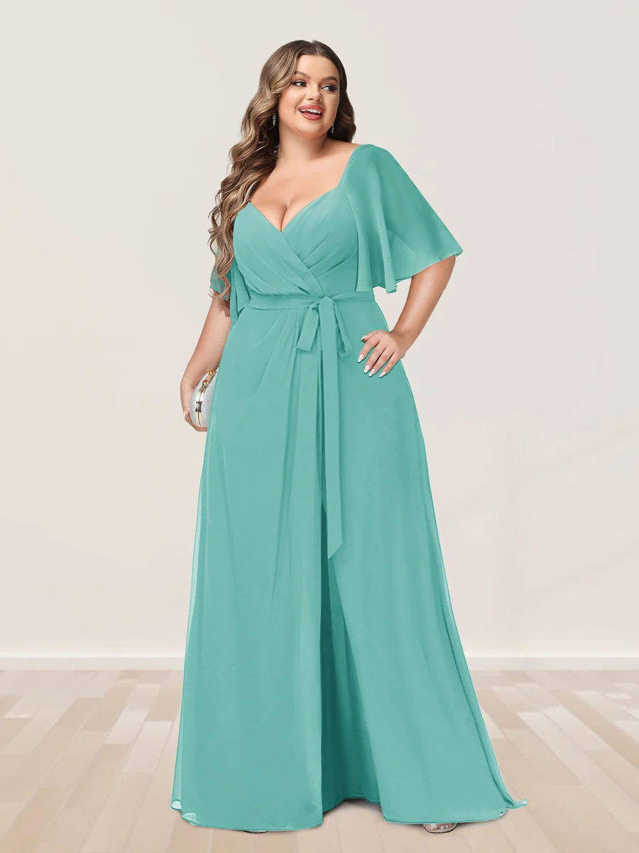 A-Line/Princess V-Neck Half Sleeves Plus Size Bridesmaid Dresses with Split Side - Image 57