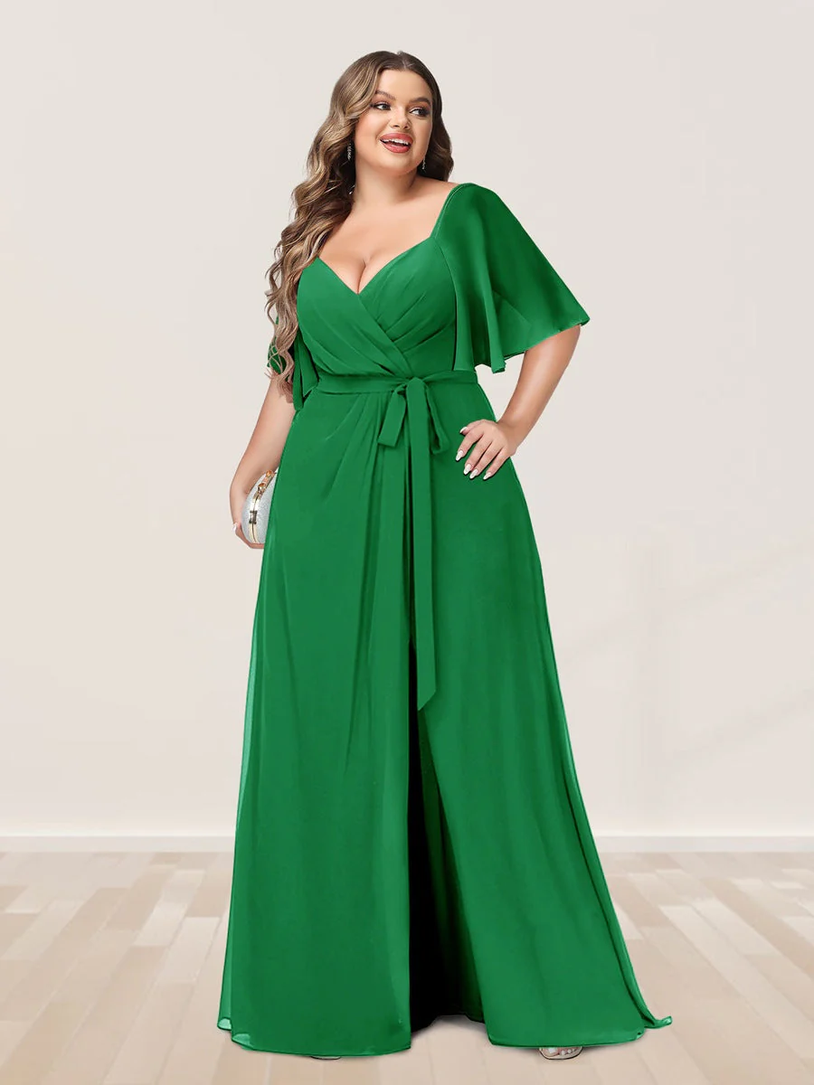 A-Line/Princess V-Neck Half Sleeves Plus Size Bridesmaid Dresses with Split Side - Image 59