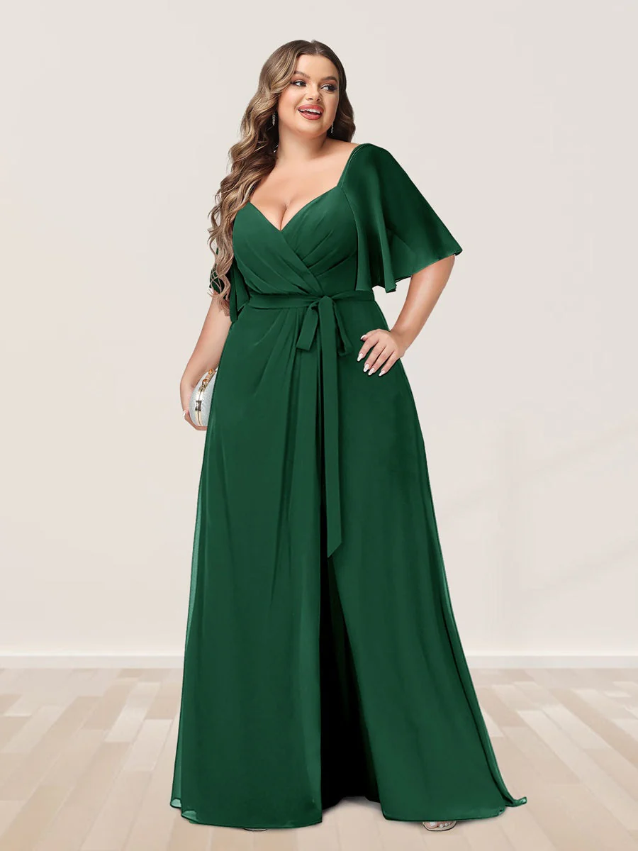 A-Line/Princess V-Neck Half Sleeves Plus Size Bridesmaid Dresses with Split Side - Image 62