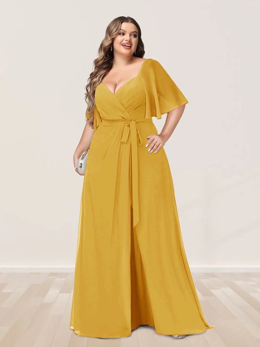 A-Line/Princess V-Neck Half Sleeves Plus Size Bridesmaid Dresses with Split Side - Image 65