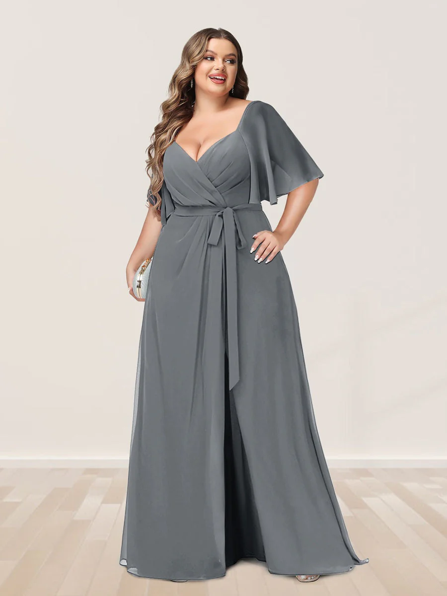 A-Line/Princess V-Neck Half Sleeves Plus Size Bridesmaid Dresses with Split Side - Image 69
