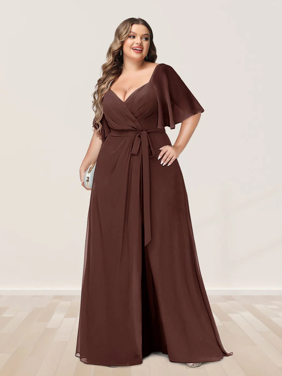 A-Line/Princess V-Neck Half Sleeves Plus Size Bridesmaid Dresses with Split Side - Image 70