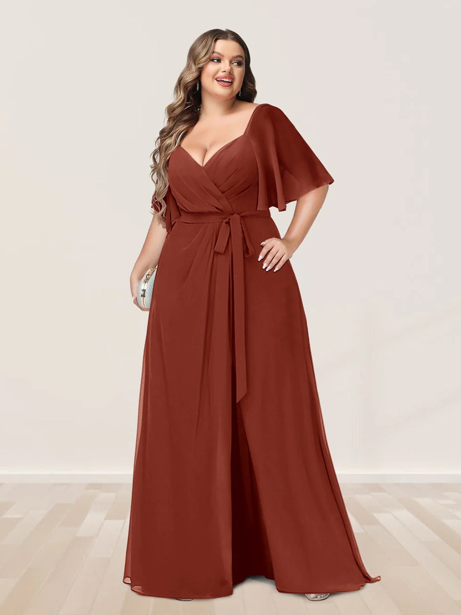 A-Line/Princess V-Neck Half Sleeves Plus Size Bridesmaid Dresses with Split Side - Image 8