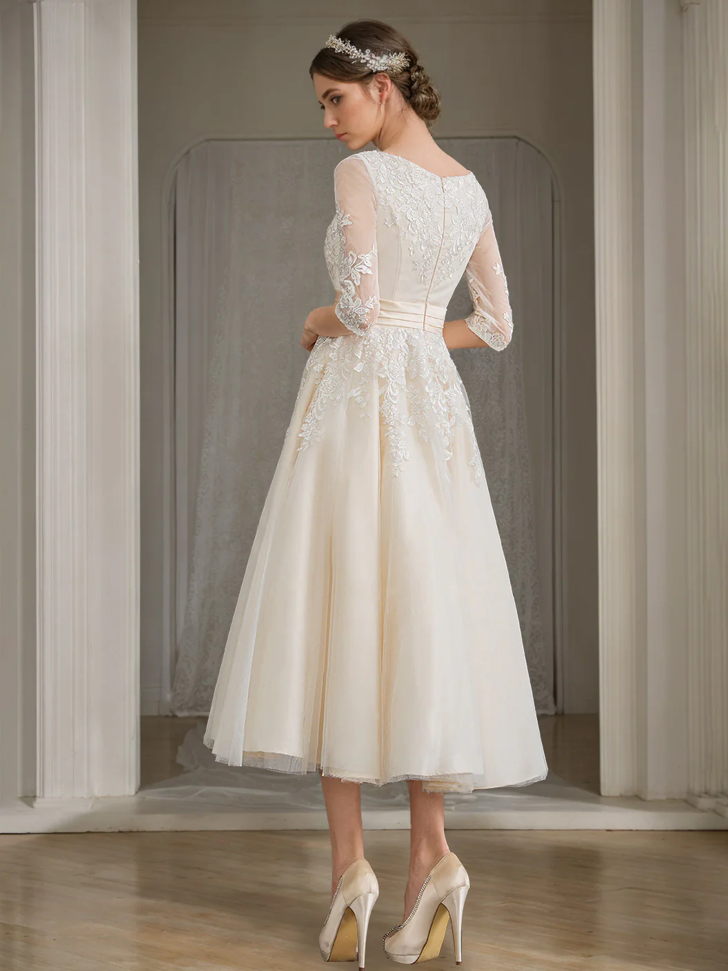 A-Line/Princess V-Neck Half Sleeves Tea-length Lace Wedding Dress with Appliques - Image 2