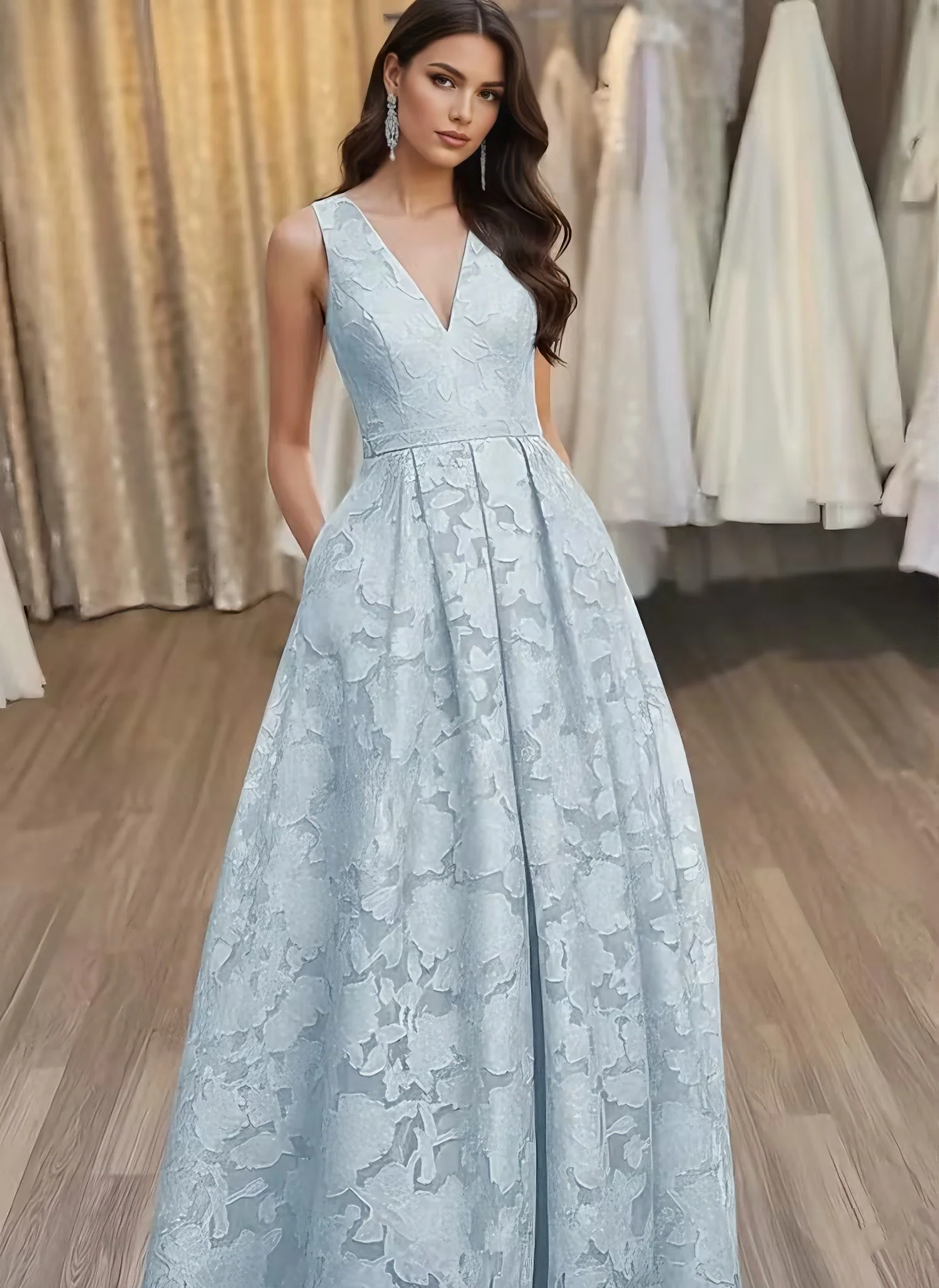 A-Line/Princess V-Neck Lace Floral Evening Dresses Floor-Length Sleeveless Party Dresses