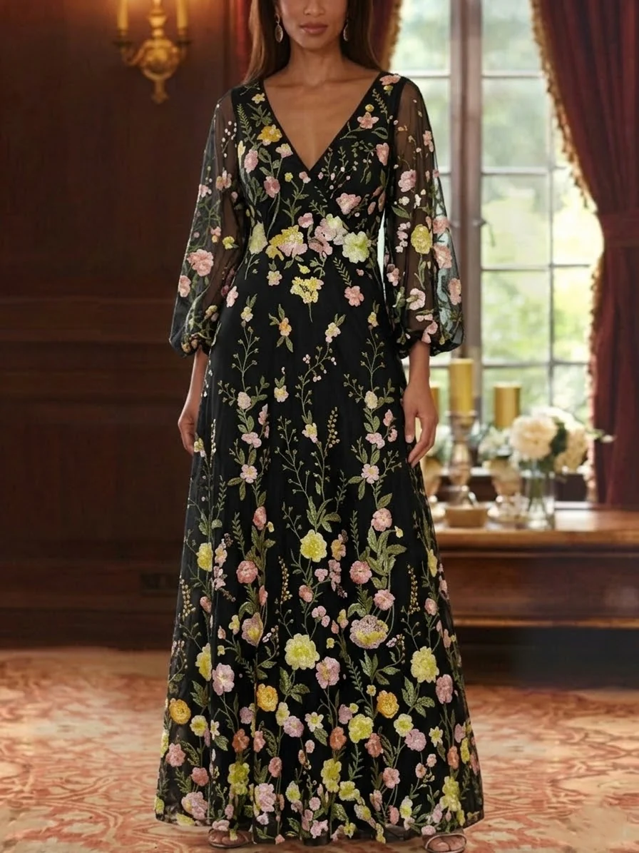 A-Line/Princess V-Neck Lace Mother of the Bride Dresses Floral 3/4 Sleeves Floor-Length - Image 4