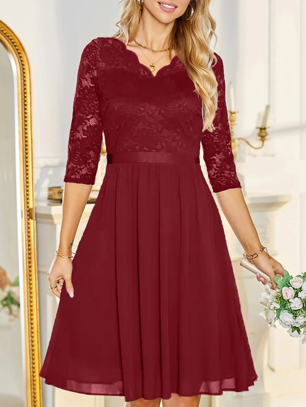 A-Line/Princess V-Neck Lace Wedding Guest Cocktail Dresses with Applique - Image 3