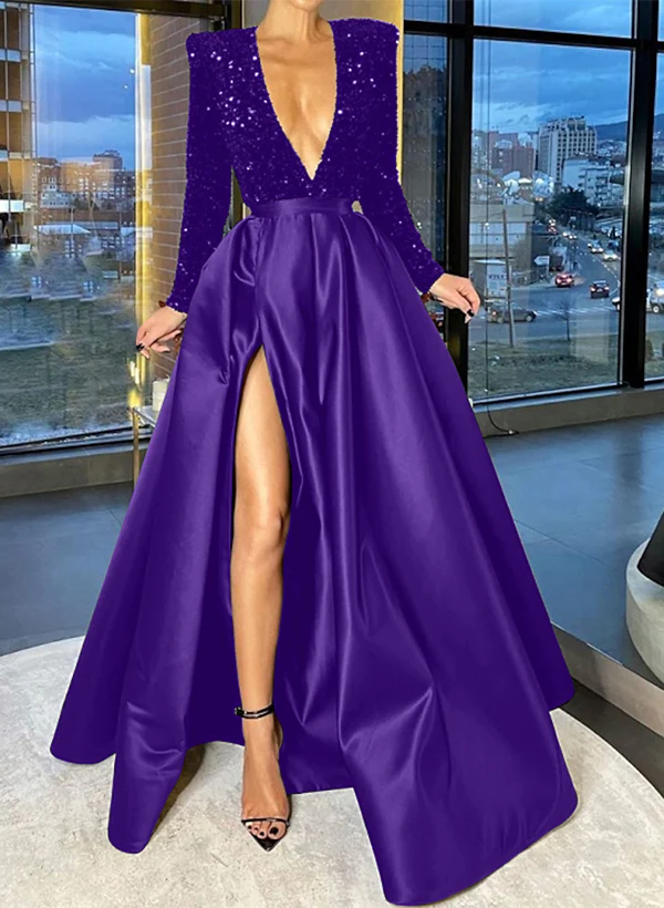 A-Line/Princess V-Neck Evening Dresses With Split Side & Sequins - Image 10
