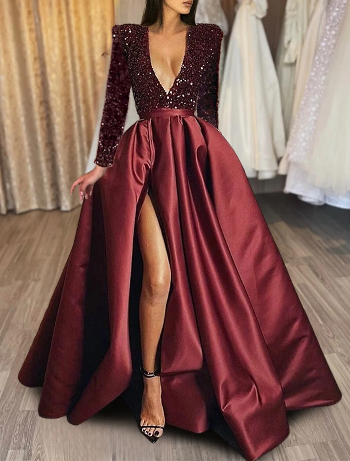 A-Line/Princess V-Neck Evening Dresses With Split Side & Sequins - Image 3