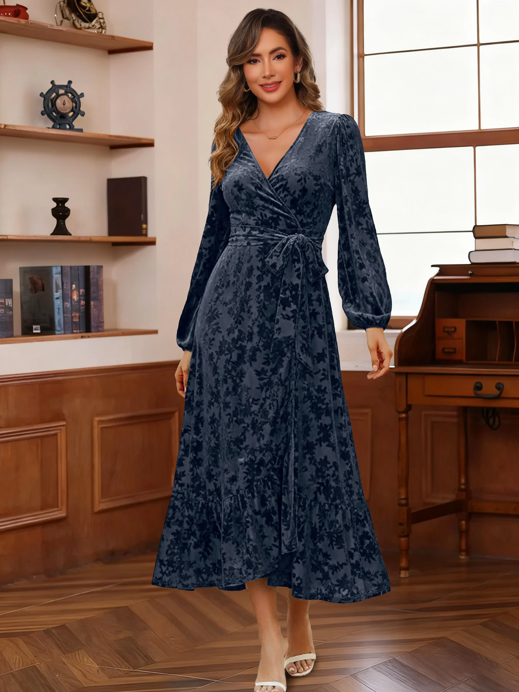 A-Line/Princess V-Neck Long Sleeves Ankle-Length Wedding Guest Dresses with Split Side - Image 2