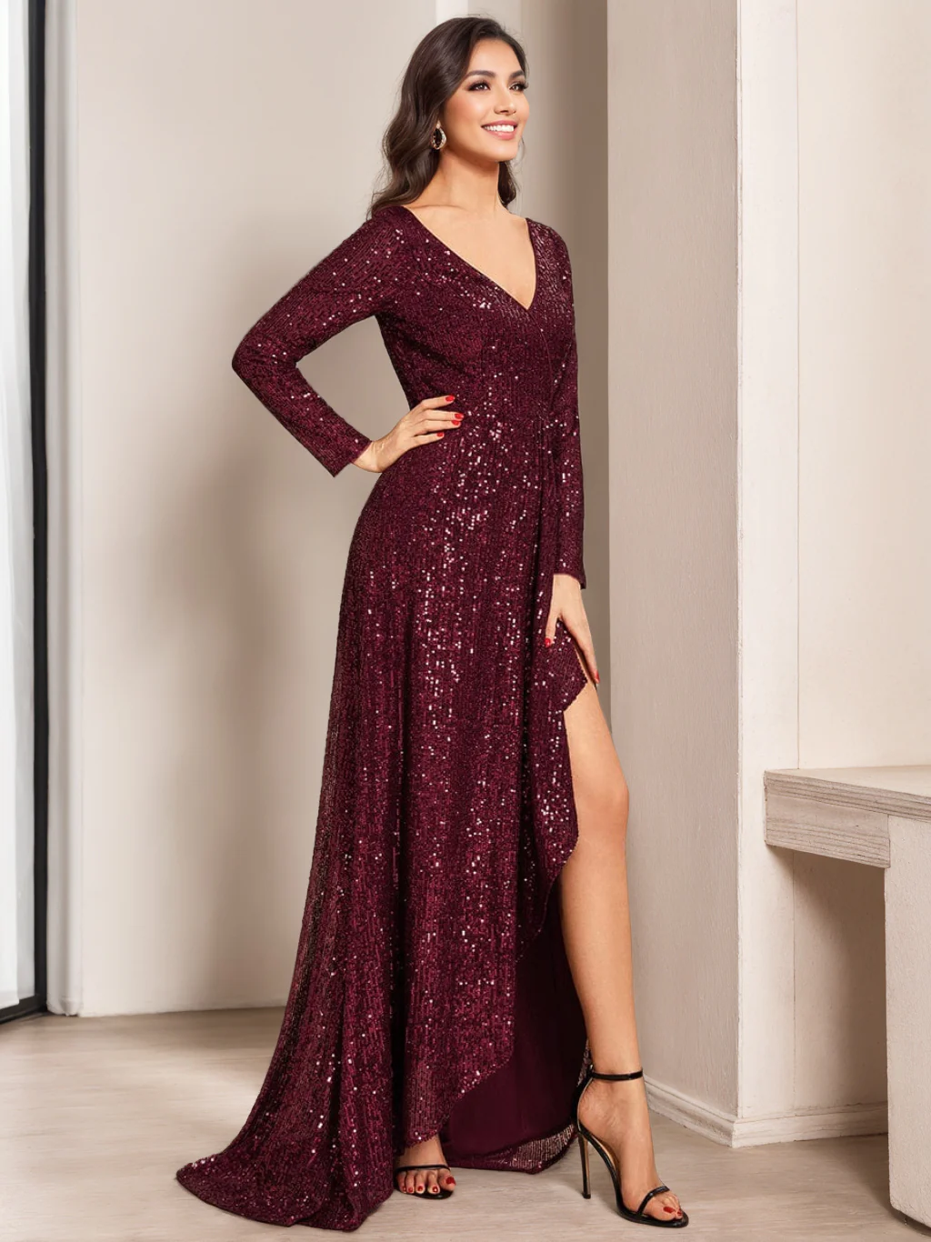 A-Line/Princess V-Neck Long Sleeves Asymmetrical Evening Dresses with Sequins - Image 2