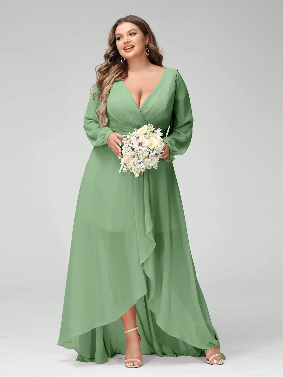 A-Line/Princess V-Neck Long Sleeves Asymmetrical Plus Size Bridesmaid Dresses with Pockets - Image 16