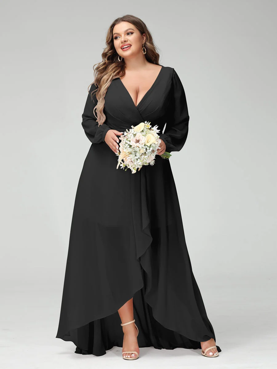 A-Line/Princess V-Neck Long Sleeves Asymmetrical Plus Size Bridesmaid Dresses with Pockets - Image 18