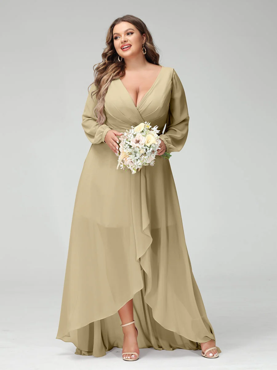 A-Line/Princess V-Neck Long Sleeves Asymmetrical Plus Size Bridesmaid Dresses with Pockets - Image 24