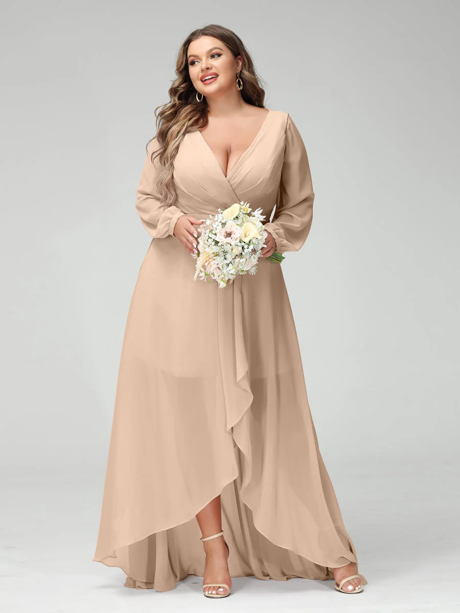 A-Line/Princess V-Neck Long Sleeves Asymmetrical Plus Size Bridesmaid Dresses with Pockets - Image 29