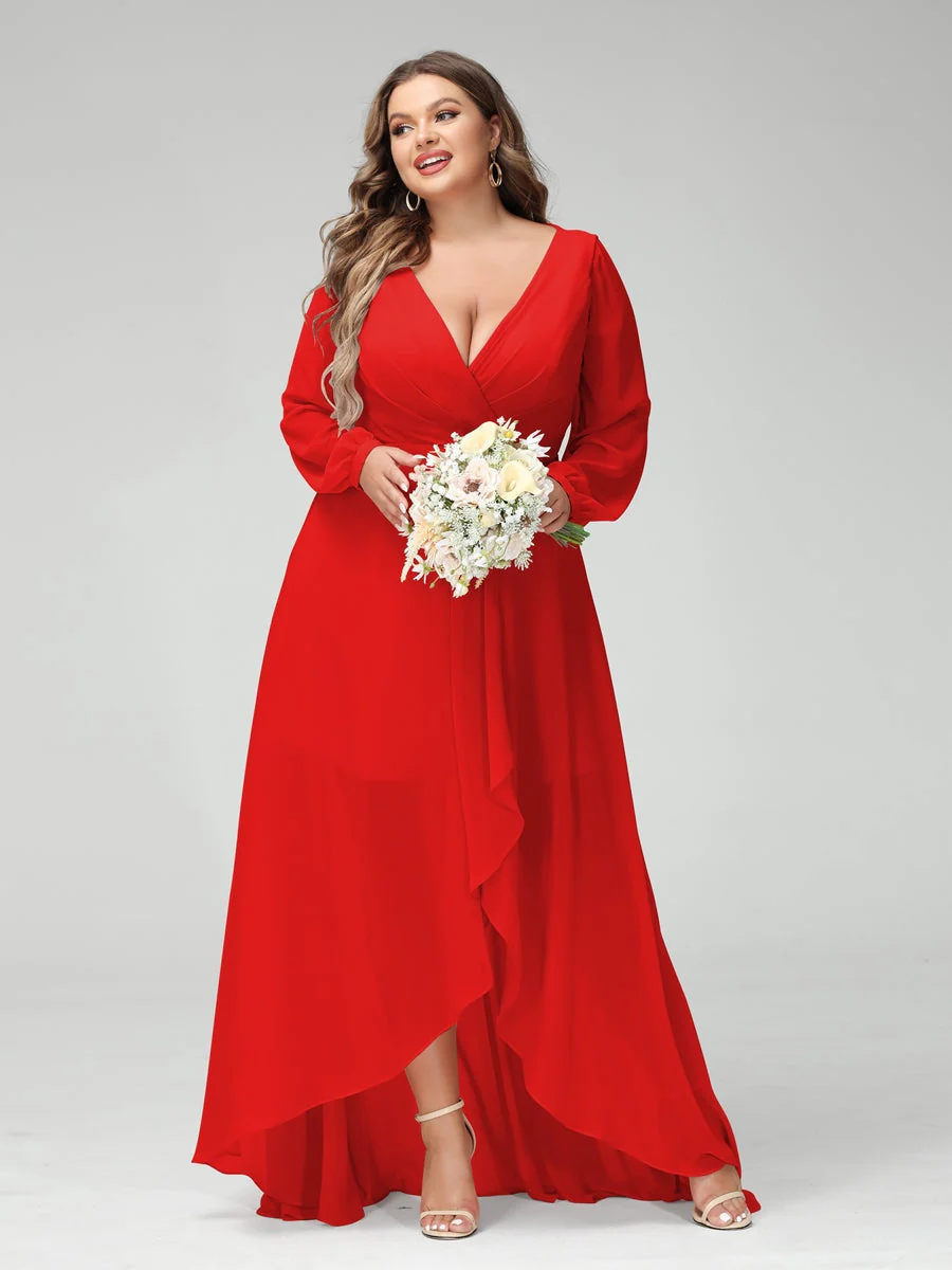 A-Line/Princess V-Neck Long Sleeves Asymmetrical Plus Size Bridesmaid Dresses with Pockets - Image 36
