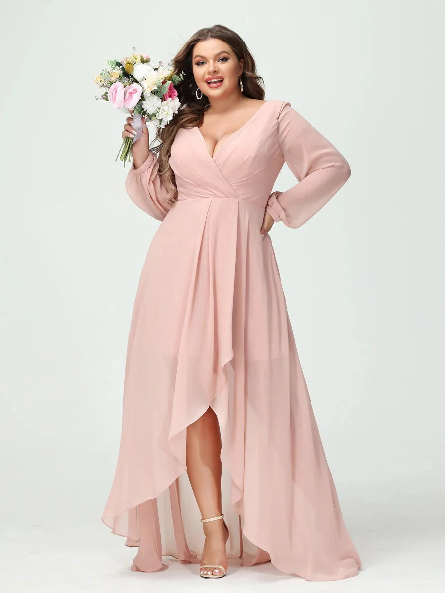A-Line/Princess V-Neck Long Sleeves Asymmetrical Plus Size Bridesmaid Dresses with Pockets - Image 4