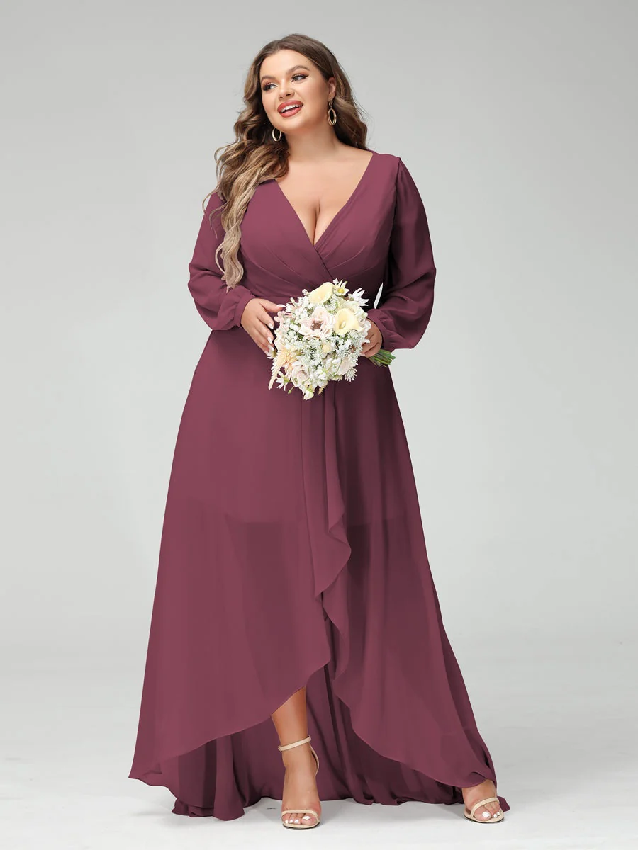 A-Line/Princess V-Neck Long Sleeves Asymmetrical Plus Size Bridesmaid Dresses with Pockets - Image 43