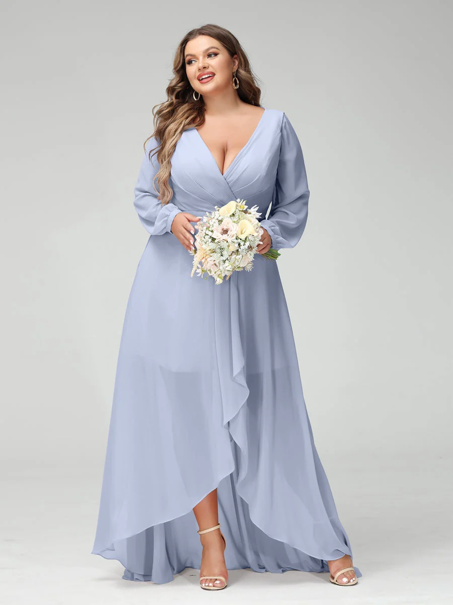 A-Line/Princess V-Neck Long Sleeves Asymmetrical Plus Size Bridesmaid Dresses with Pockets - Image 48