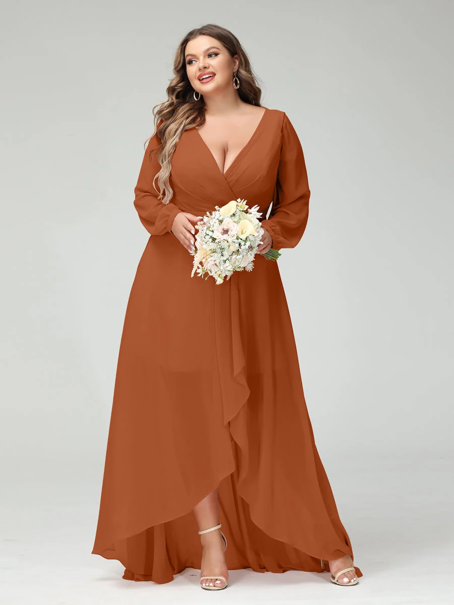 A-Line/Princess V-Neck Long Sleeves Asymmetrical Plus Size Bridesmaid Dresses with Pockets - Image 9